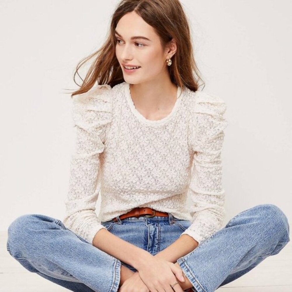 LOFT NWT Petite Lace Pleated Puff Sleeve Top MP